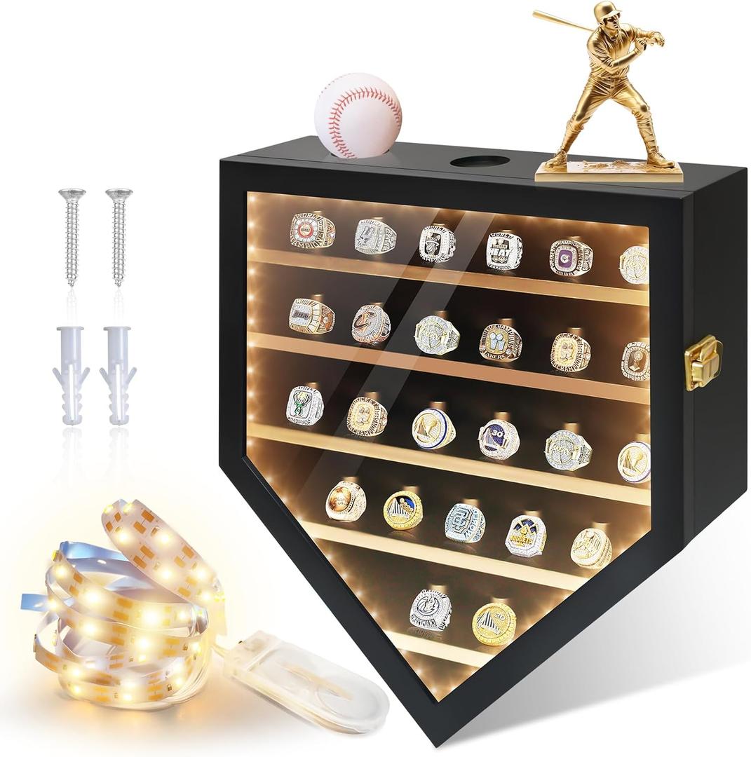 Championship Ring Display Case, 25 Ring Posts Sports Ring Holder, Baseball Ring Display Case Ring Holder for Collection Sports Champion Rings, Wall Mount Wooden Shadow Box for Display