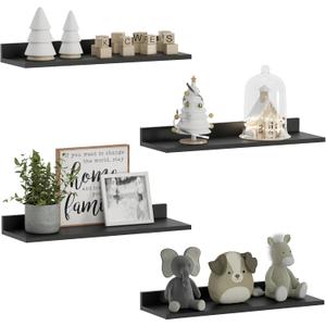 WOPITUES Floating Shelves, Wall Mounted Shelves for Room Decor, Modern Display Shelf for Bedroom, Sturdy Bathroom Storage Shelves, Book Shelves for Living Room, Black Small Corner Shelves, Set of 4