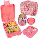 Bento Lunch Box Set With 10oz Soup Thermo, Leak-proof Lunch Containers with 4 Compartment, Kids Hot Thermo Food Jar/Insulation Lunch Bag, Food Containers for SchoolFlamingo (Pink-flamingo)