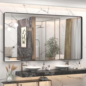 66x36 Inch Black Metal Framed Bathroom Mirror for Wall, Large Rounded Rectangle Mirror, Matte Black Bathroom Vanity Mirror, Anti-Rust, Shatterproof, Hangs Horizontally or Vertically
