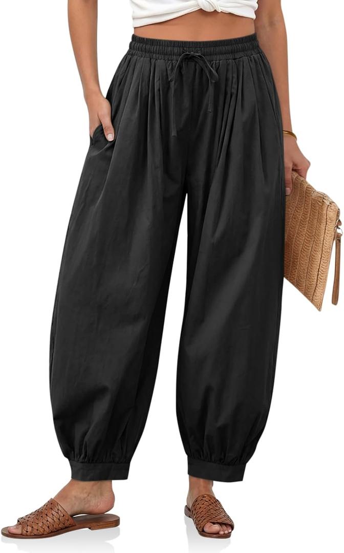 Cicy Bell Womens Baggy Pleated Harem Pants Summer Elastic High Waisted Wide Leg Balloon Cotton Lounge Pants (Medium, Black)