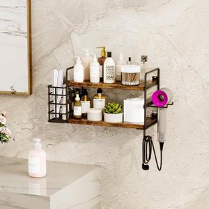 3-in-1 Wall Mounted Hair Dryer Holder with 2 Tier Shelves & Detachable Basket, Space Saving Organizer for Bathroom, Kitchen, Bedroom, Rust-Resistant, Easy Install