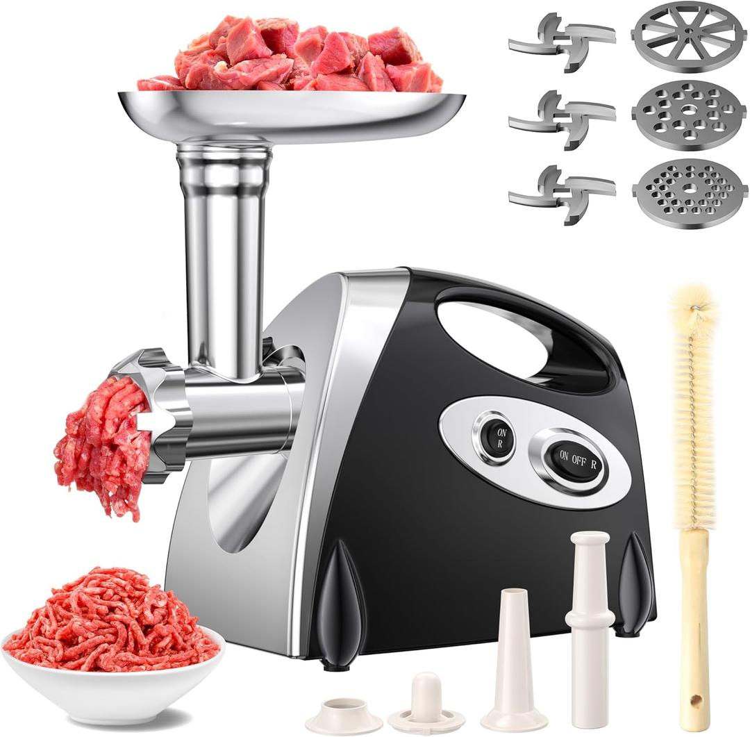 Electric Meat Grinder, 2500W Max Meat Grinder with Stainless Steel 3 Blades and 3 Grinder Plates, Sausage Stuffer Tube & Kubbe Kit, Heavy Duty Meat Grinder for Home Kitchen & Commercial Using