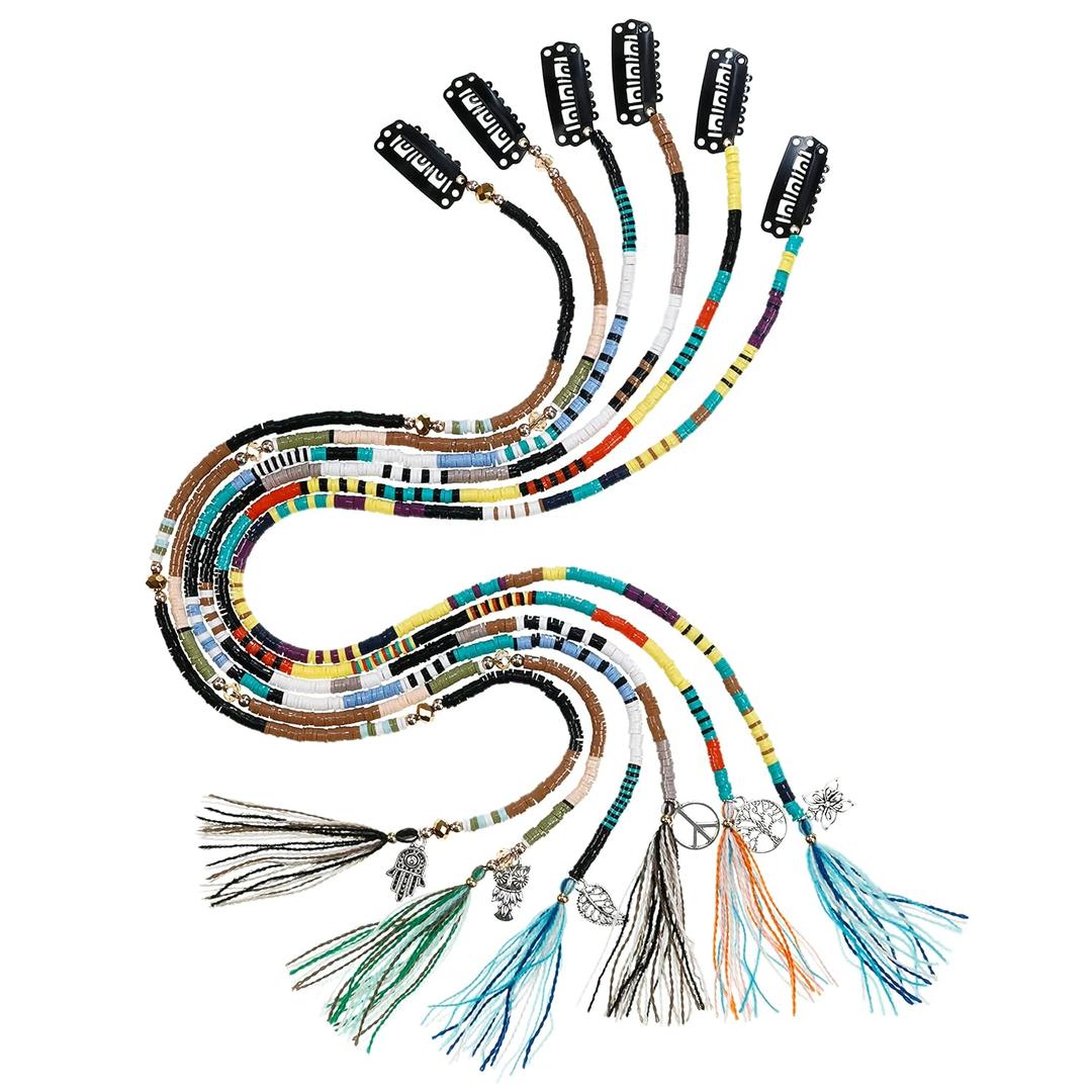 21 Inch Bright Spacer Bead Hair Wrap Set with Tassels, Hair Clips, and Retro Charm - 6 Styles for Women and Girls. (Mixed)