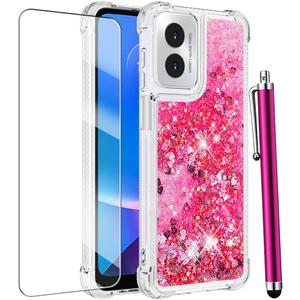 for Motorola Moto G Play 2024 Case with Screen Protector, Cute Glitter Bling Liquid Floating Women Girls Phone Case Flexible TPU Soft Silicone Shockproof Bumper Cover for Moto G Play 2024-Pink