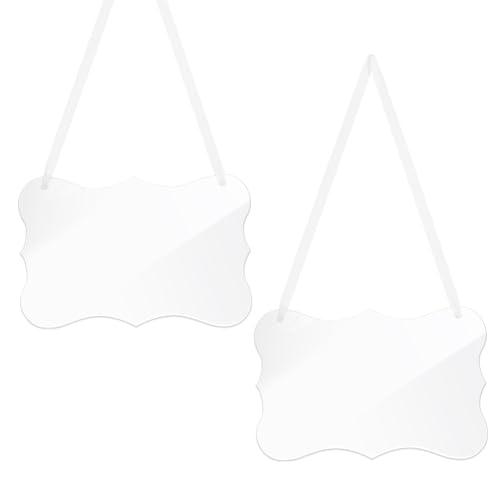 AHANDMAKER 2 Pc Clear Acrylic Hanging Sign, 8.86x5.79 DIY Blank Names Custom Card Labels for Elegant Wedding Chair Signs with White Satin Ribbon for Wedding Dinner Parties, Food Signs, Banquet Events