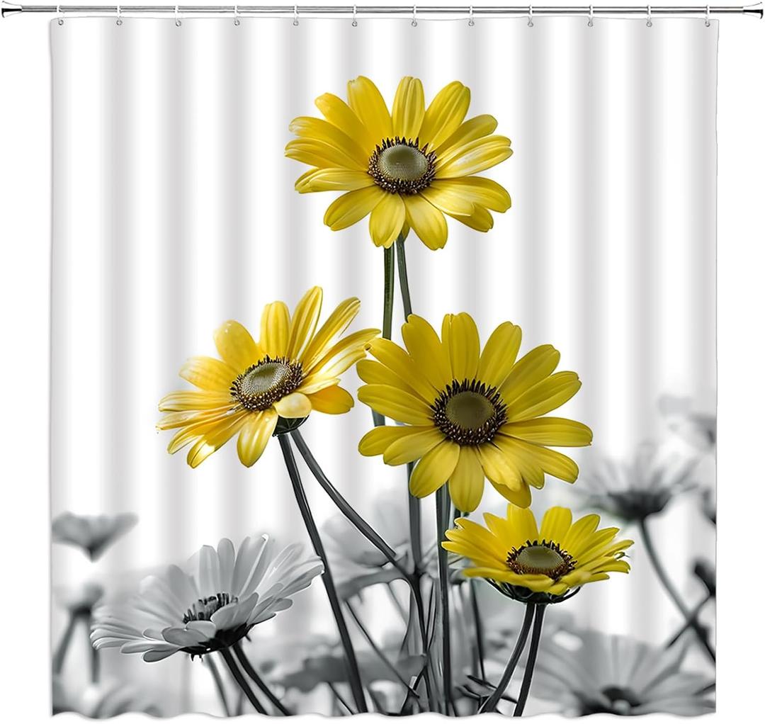 Yellow Flower Shower Curtain Rustic Floral Daisy Farmhouse Country Gray Leaves Nature Plant Modern Vintage Fabric Bathroom Decor Set with Hooks,(36" Wx70 H)