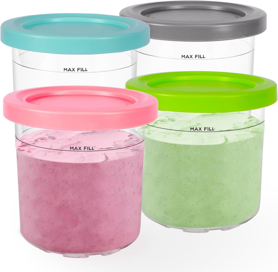Replacement Pints Container with Silicone Lid for Ninja Pints and Lids, Compatible with NC299AMZ & NC300s Series Ice Cream Makers, 4 Pack 16oz Pint Containers Replacement with Leak Proof Lids, Bpa