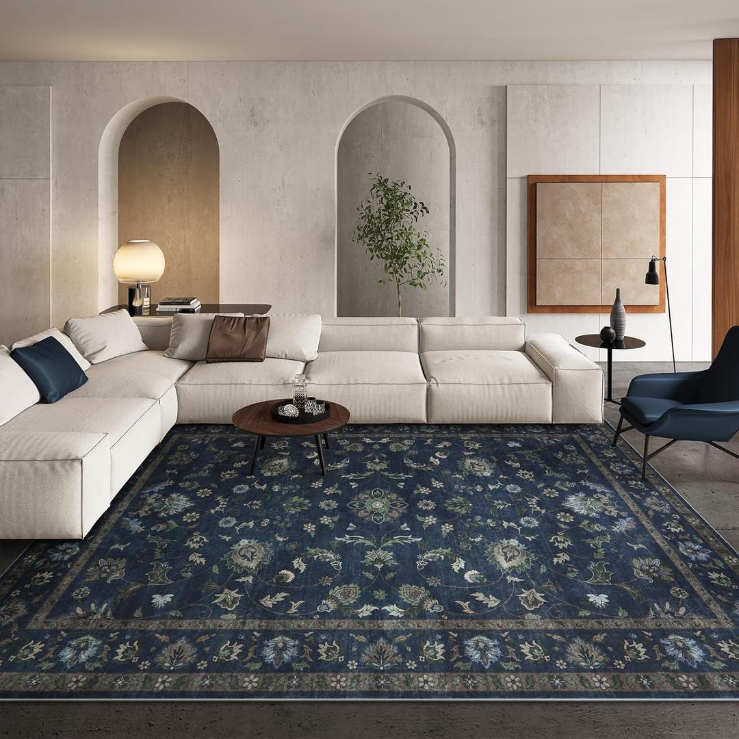 Wonnitar Vintage Floral Rugs for Living Room, Washable 8x10 Area Rugs, Low Pile Non Shedding Stain Resistant Rugs for Bedroom Dining Room Home Office Department,(Blue,8x10)