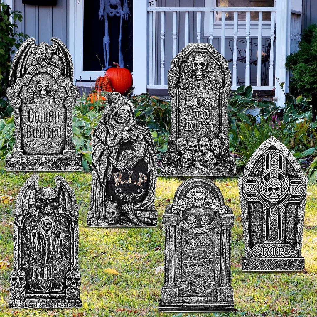 Yerliker 6 Styles 27 Inch Halloween Tombstone Outdoor Decorations Yard Stakes Signs Graveyard Tombstones for Halloween Props Lawn Decorations