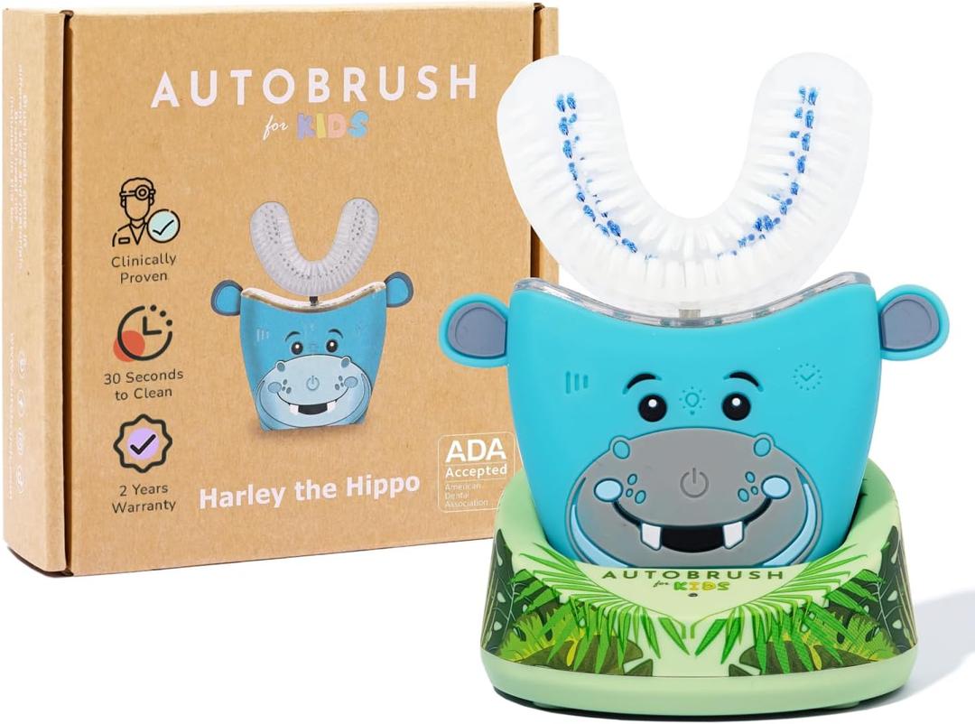 autobrush Kids Electric Toothbrush – Only ADA Accepted U-Shaped Toothbrush, Clinically Proven Up to 5.1X Better Cleaning, 30 Seconds, Full-Mouth 360 Coverage, LED Lights, Music, Ages 6-8, Hippo