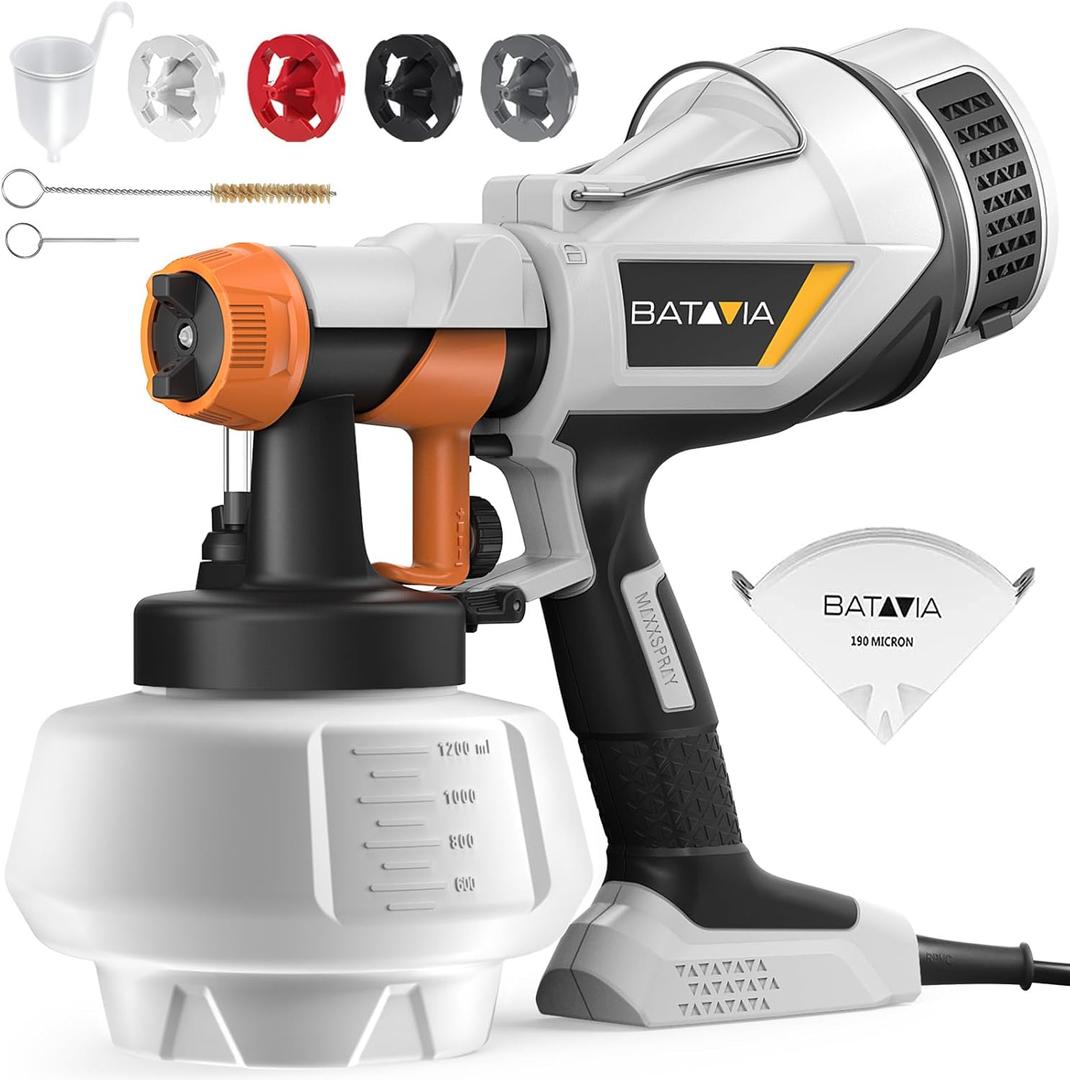 Paint Sprayer - BATAVIA HVLP Electric Spray Paint, 1200ml High Capacity Container Easy to Clean, 4 Nozzles and 3 Patterns, for Furniture, Cabinets, Fence, Walls, Door, Garden Chairs etc (Grey+Black)