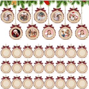 Wonderjune Round Picture Frames wooden Christmas Picture Frame Ornaments for Christmas Tree Hanging Photo Ornaments Using My Own Photos (Bow)