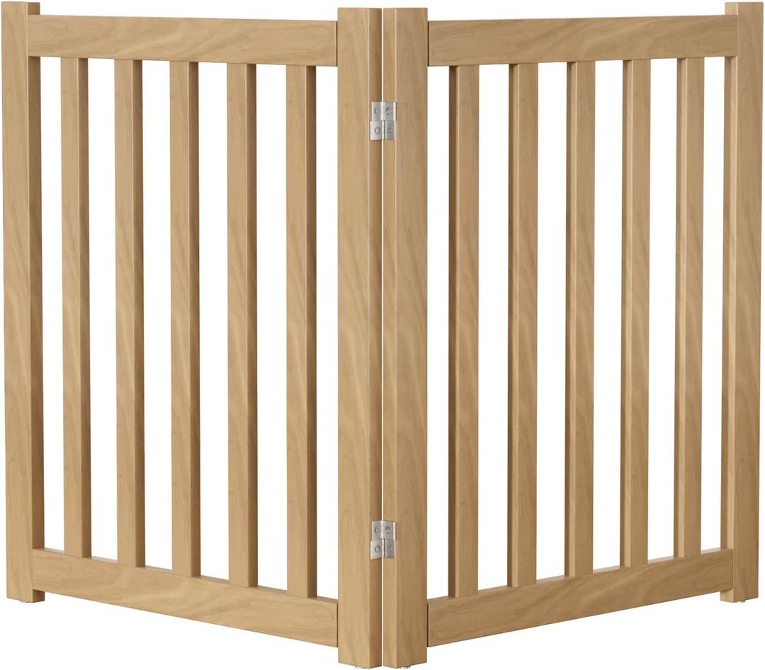 2-Panel Solid Wood Dog Gate - Freestanding Folding Pet Gate for Doorways, Stairs, Indoor, 24" Height, No Installation Needed, Natural Wood