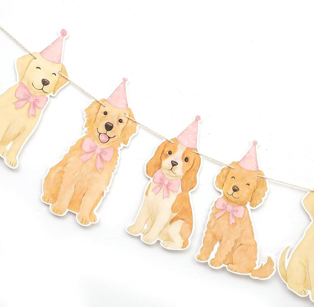 Dog Themed Birthday Party Banner, Golden Retriever Puppy Design with Pink Party Hats and Bows, 80 Inch Adjustable Garland Decoration for Kids Baby Dog Birthday Party Supplies