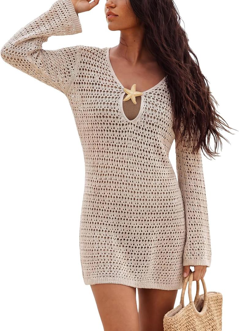 CUPSHE Women Crochet Swimsuit Cover Ups Long Sleeve Summer Beach Coverup Dress for Swimwear, L