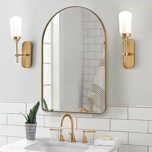 Arched Mirror, 24 x 38 Inch Gold Vanity Mirror in Stainless Steel Metal Frame, Arch Top Rounded Corner 1 Inch Deep Set Design Wall Mount Hangs Vertical