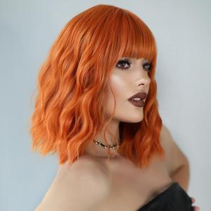 auburn Wig with Bangs Short Wavy Wigs for Women Auburn Curly Shoulder Length Bob Wig Synthetic fiber Wigs for Cosplay Daily Party Use (14 Inch)