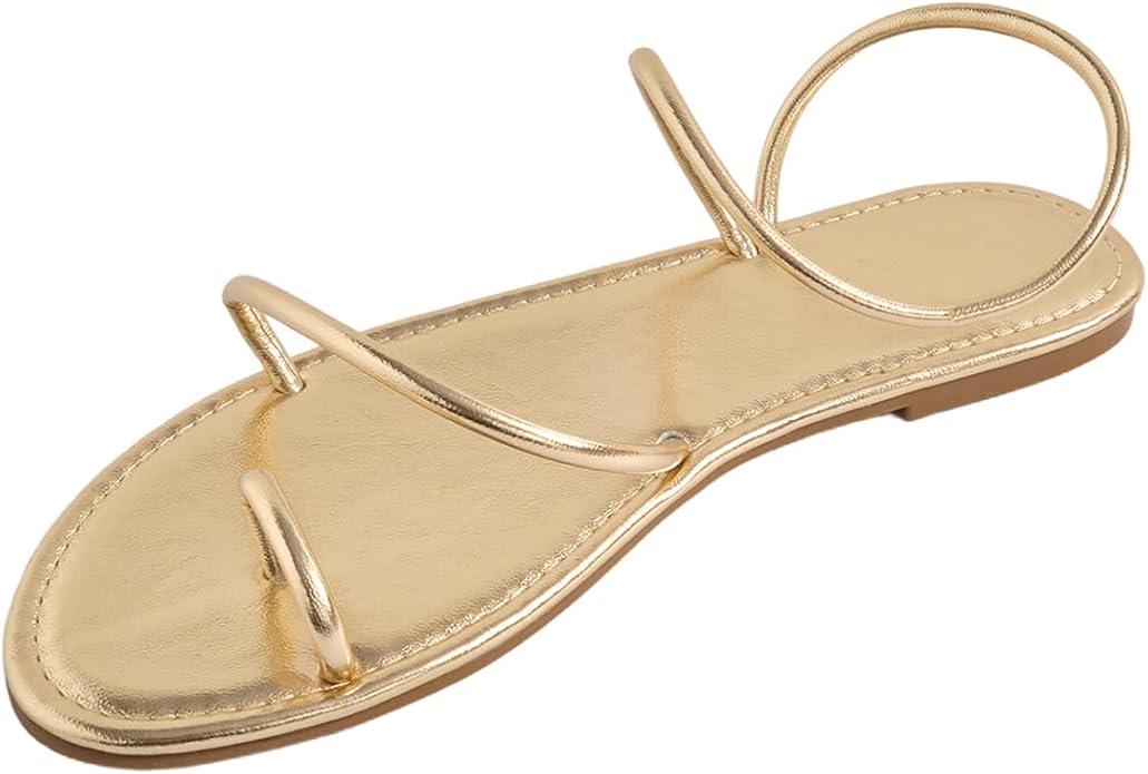GORGLITTER Women's Metallic Strappy Thong Flat Sandals Dressy Vacation Gold Open Toe Ring 2026 Slippers Shoes, Size: 9