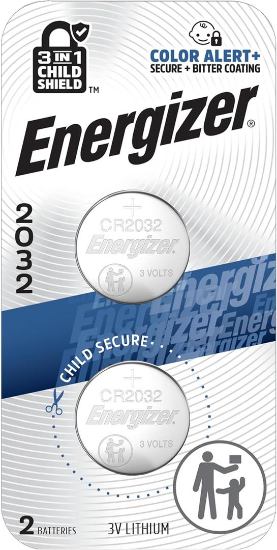 Energizer 2032 Batteries (2 Pack), 3V Lithium Coin Batteries with 3-in-1 Child Shield