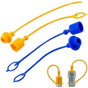 2sets 1/ 2 ISO A+ISO 5675 Hydraulic Coupler Male Dust Cap and Female Plug Cover, Hydraulic Quick Disconnects Port Plug Cover Fittings, Yellow + Blue Cap with Retaining Ring Keeps Cap Connected to Hose