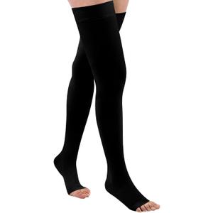 Thigh High 20-32 mmHg Compression Stocking Toeless Compression Socks for Women & Men Circulation with Silicone Dot Band (Large (1 Pair), Black)