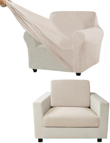Couch Cover Velvet, Stretch Sofa Covers for Separate Main Cover/Backrests and Seat Cushions Couch Cover, for Living Room Furniture Slipcovers (Ivory,Small Seat 3 Piece)