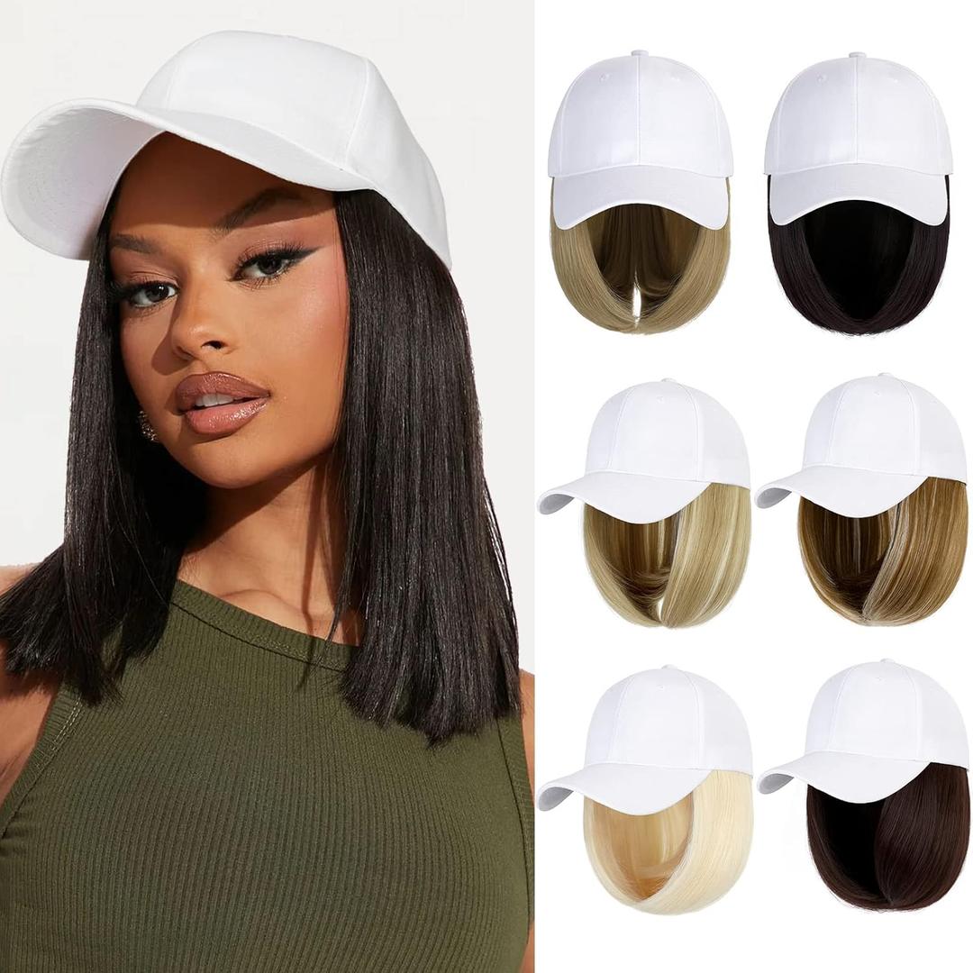 Baseball Cap with Hair Extensions Hat Wig Adjustable Hat Attached Short Straight 14" Synthetic Hairpiece for Women Dark Brown