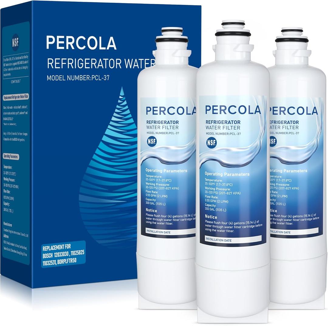 PERCOLA BORPLFTR55 Water Filter Replacement, Compatible with Bosch Ultra Clarity Pro BORPLFTR50, Thermador REPLFLTR55, WFC100MF, WFS200MF, Bosch B36CL81ENG, B36CL80ENS, B36CL80SNS, 3 Pack 