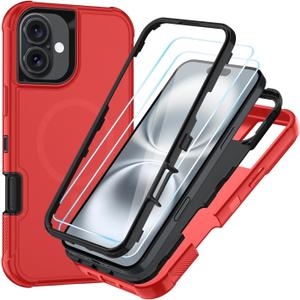 SunStory Magnetic for iPhone 16 Case with HD Screen Protector, Compatible with MagSafe, 3-Layer Heavy Duty Full-Body Cover, 3 in 1 Hybrid Protective Case for iPhone 16 6.1",Red