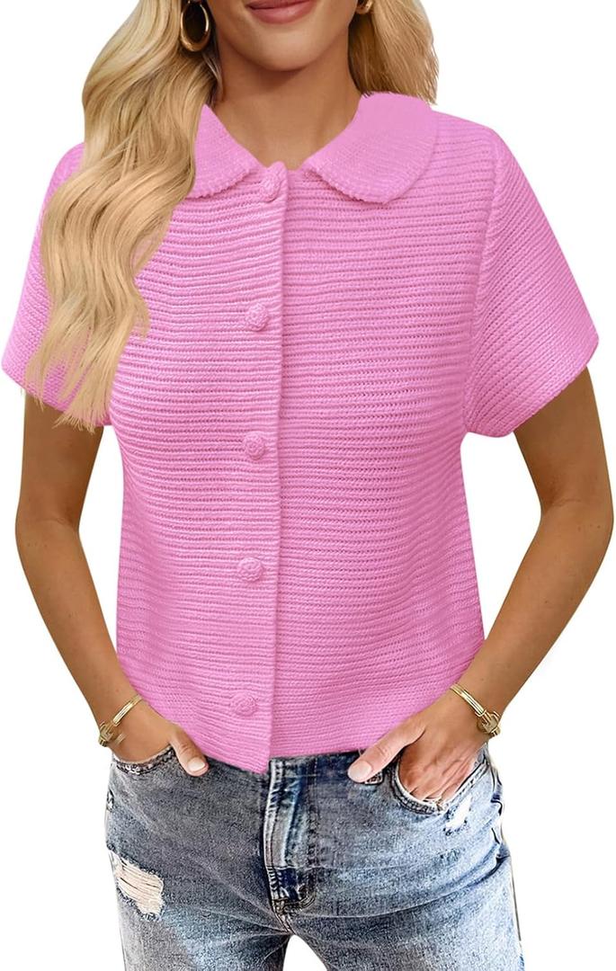Saodimallsu Womens Short Sleeve Cropped Cardigans Casual Summer Button Down Collared Lightweight Loose Knit Sweater Top (Small, Pink)