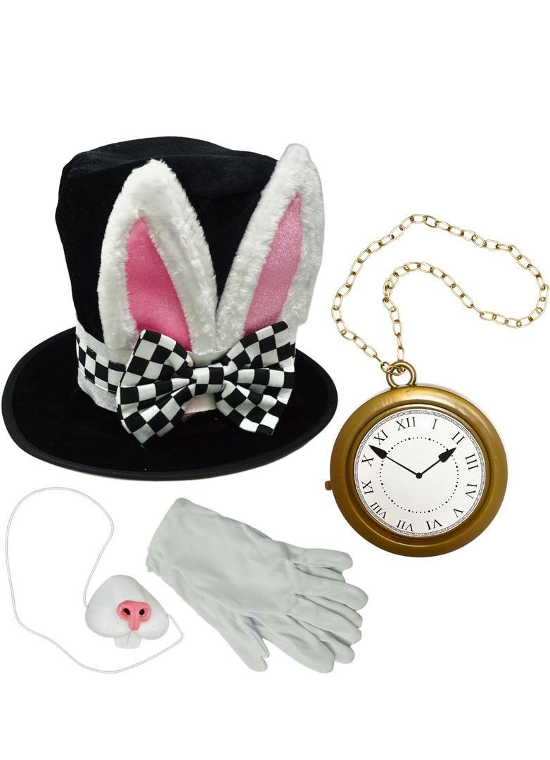 4E's Novelty 4Pcs Set Costume Accessory Set for White Rabbit Costume for Adult Women Men, Halloween Costume, Tea Party Dress Up