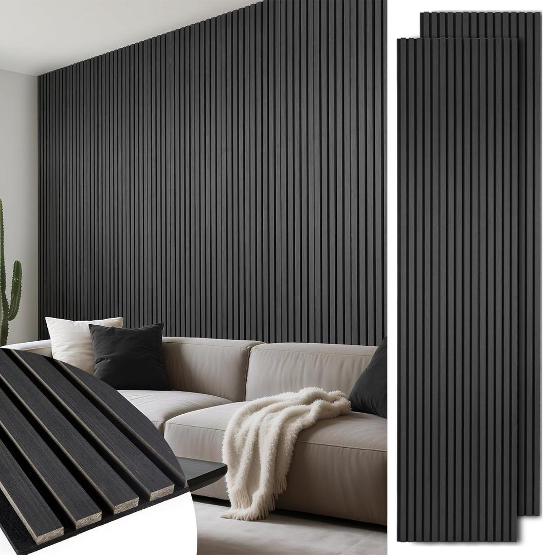 LARWORKS Wood Slat Wall Panels 2 Pack 106" x 23.6", Acoustic Wooden Panel for Wall, Soundproof 3D Fluted Panels for Interior Wall Decor, Living Room, Bedroom - Black (Cover Approx.35 sq.ft)