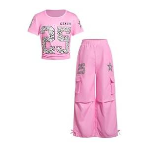 RoseSeek Girl's 2 Piece Summer Outfits Short Sleeve Ruched Basic Tess and Camo Cargo Pants Sets Trendy Pure Pink 12Y