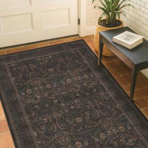 3x5 Rustic Brown Large Entry Way Area Rugs Indoor Washable - Non-Slip Low Pile Kitchen Floor Mats, Floral Botanical Bedroom Rug, Thin Waterproof Laundry Room Rugs Stain Resistant