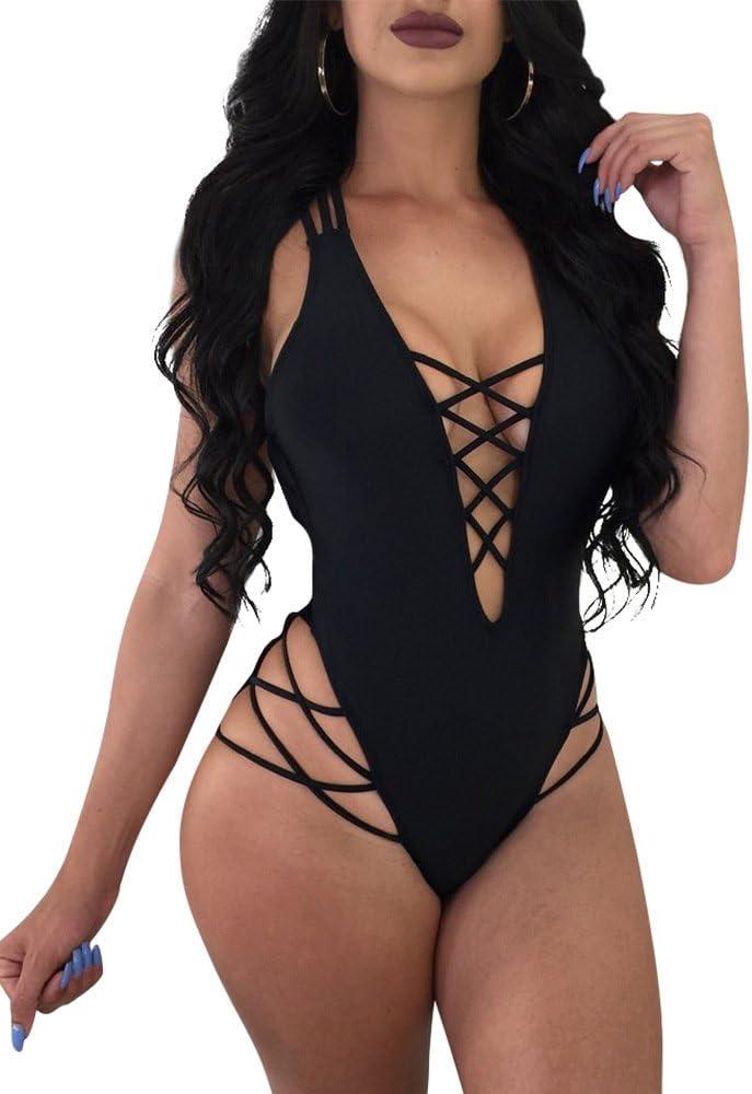 LAGSHIAN Womens Sexy One Piece Lace Up Straps Swimsuit Bathing Suit Swimwear, Medium