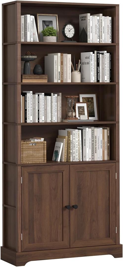 TVU Bookshelf and Bookcase with Doors, 5 Open Shelves & 2 Door Storage Cabinet, 77.2" Tall Freestanding Book Shelf for Living Room, Home Office, Bedroom, Walnut, 6 Tier