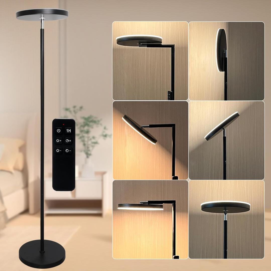 90-Degree Foldable LED Torchiere Floor Lamp, Super Bright 30W 3000LM, Remote Control with Stepless Dimming & Color Temperature Adjustable, Standing Lamp for Living Room, Bedroom, Office Black
