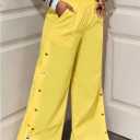 Verdusa Women's Button Down Slit Wide Leg Pants Streetwear Loose Trousers with Pockets (Yellow)