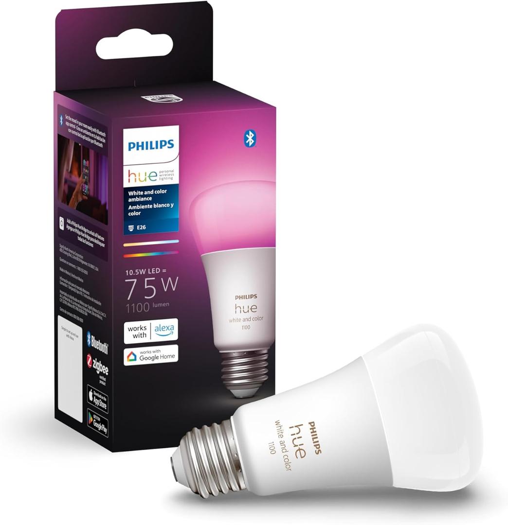 Philips Hue Smart 75W A19 LED Bulb - White and Color Ambiance Color-Changing Light - 1 Pack - 1100LM - E26 - Indoor - Control with Hue App - Works with Alexa, Google Assistant and Apple Homekit