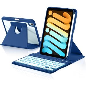 Harvopu for iPad mini 7 A17 Pro/6 Generation Keyboard Case 2024/2021 8.3 Inch,360 Rotating Clear Back Cover with 7 Color Backlit Detachable Keyboard, Pencil Holder for iPad mini 7th/6th Gen,NavyBlue