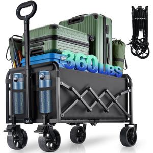 Collapsible Wagon Cart Foldable with Breakes - 360 LBS Heavy Duty Folding Grocery Cart with All Terrain Wheels & Brakes, for Shopping, Beach, Camping, Sports, Garden & Fishing