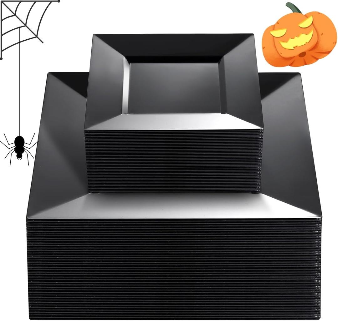 Liacere100PCS Black Plastic Plates-Premium Black Square Disposable Plates-Include 50PCS 9.5inch Dinner Plates - 50PCS 6inch Dessert Plates for Party&New Year&Halloween