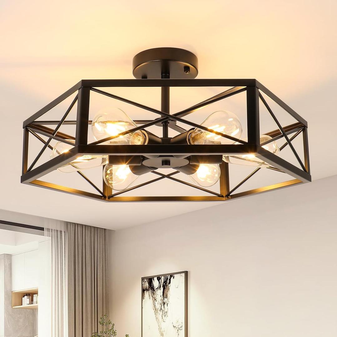 WILON Semi Flush Mount Ceiling Light, Industrial 6 Light Close to Ceiling Light Fixture, Black Dining Room Light Fixture Farmhouse Chandelier for Kitchen Hallway Bedroom Living Room(E26 Socket)