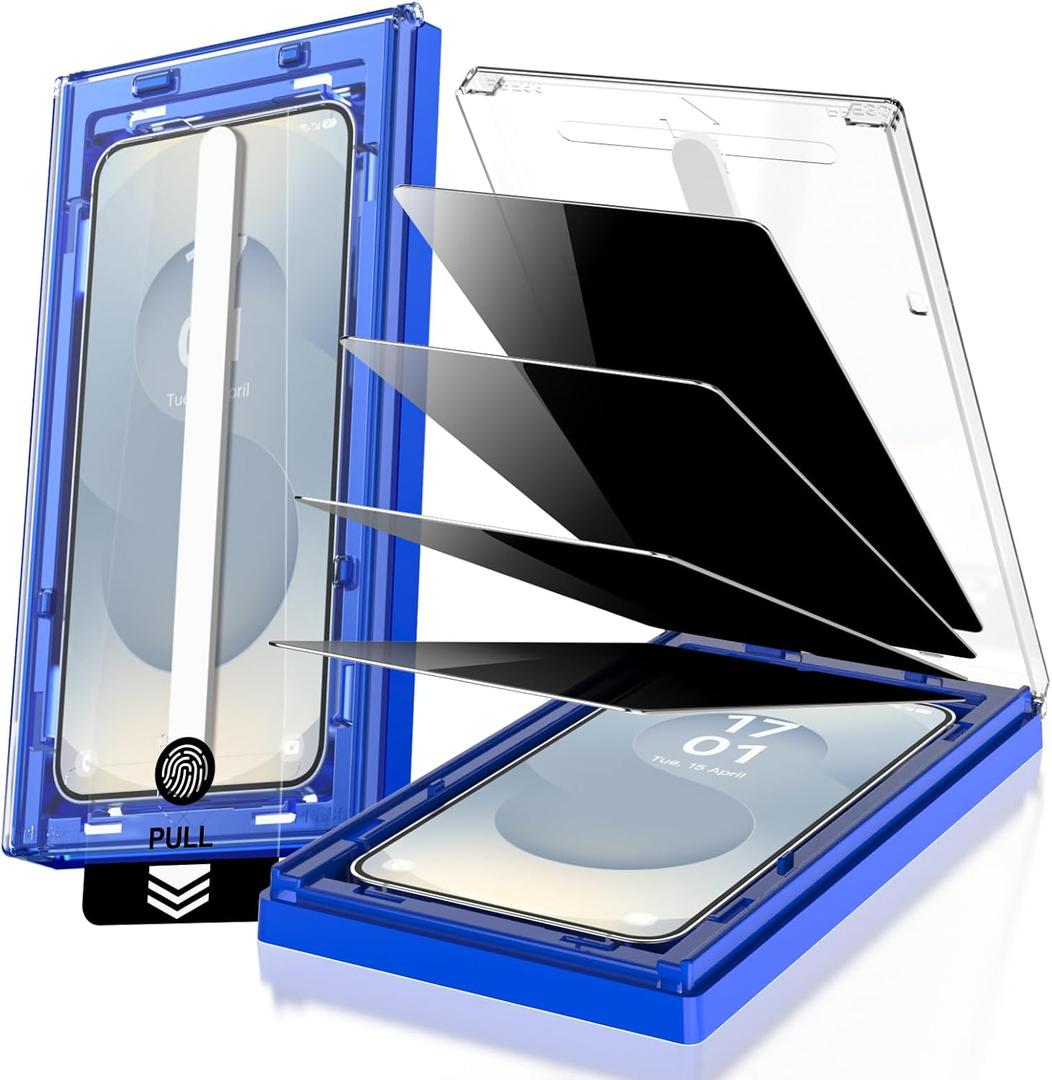 EZ-GLAZ-4 Pack for Galaxy S25 Plus/ S24 Plus [6.7"] Privacy Screen Protector, 100% Fingerprint Unlock, 9H+ Hardness Military Grade Shatterproof Long Durable Tempered Glass Film with Flawless Fit Box, Scratch Resistant