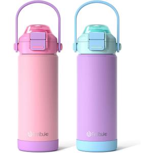 Fimibuke Kids Insulated Water Bottle with Pop-Open Straw & Spout 2-in-1 Lid, 18oz Leak Proof 18/8 Stainless Steel Vacuum Tumbler, BPA-Free Kids Cup For Travel School Boys Girls Toddler 2 Packs Macaron