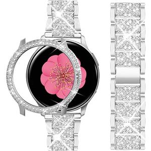 Compatible for Samsung Galaxy Watch Active 2 Band 40mm 44mm + Case, Women Replacement Strap& Full Around PC Bumper (Silver)