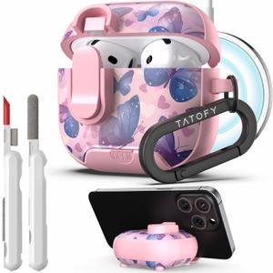 TATOFY for AirPod 4th Gen Case with Phone Stand Lock Carabiner Cleaning Kit, Floral AirPods 4 Hard Shell Dustproof Cover for Women, MagSafe Compatible (Butterfly, AirPods 4th)