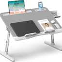 Laptop Bed Desk, X-Large Leather Adjustable Computer Bed Table Tray, Foldable Laptop Lap Desk for Bed Sofa Couch Floor Writing Eating Working with Drawer 2 Movable Stoppers (23.6 inch, Grey)