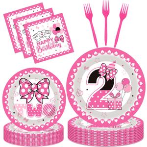 Oh Twodles Party Decorations - 96 Pcs Pink Cartoon Mouse Disposable Paper Dessert Plates Napkins Forks Tableware Set 2nd Birthday Supplies Favors for 2 Years Old Kids Girls Serves 24 Guests
